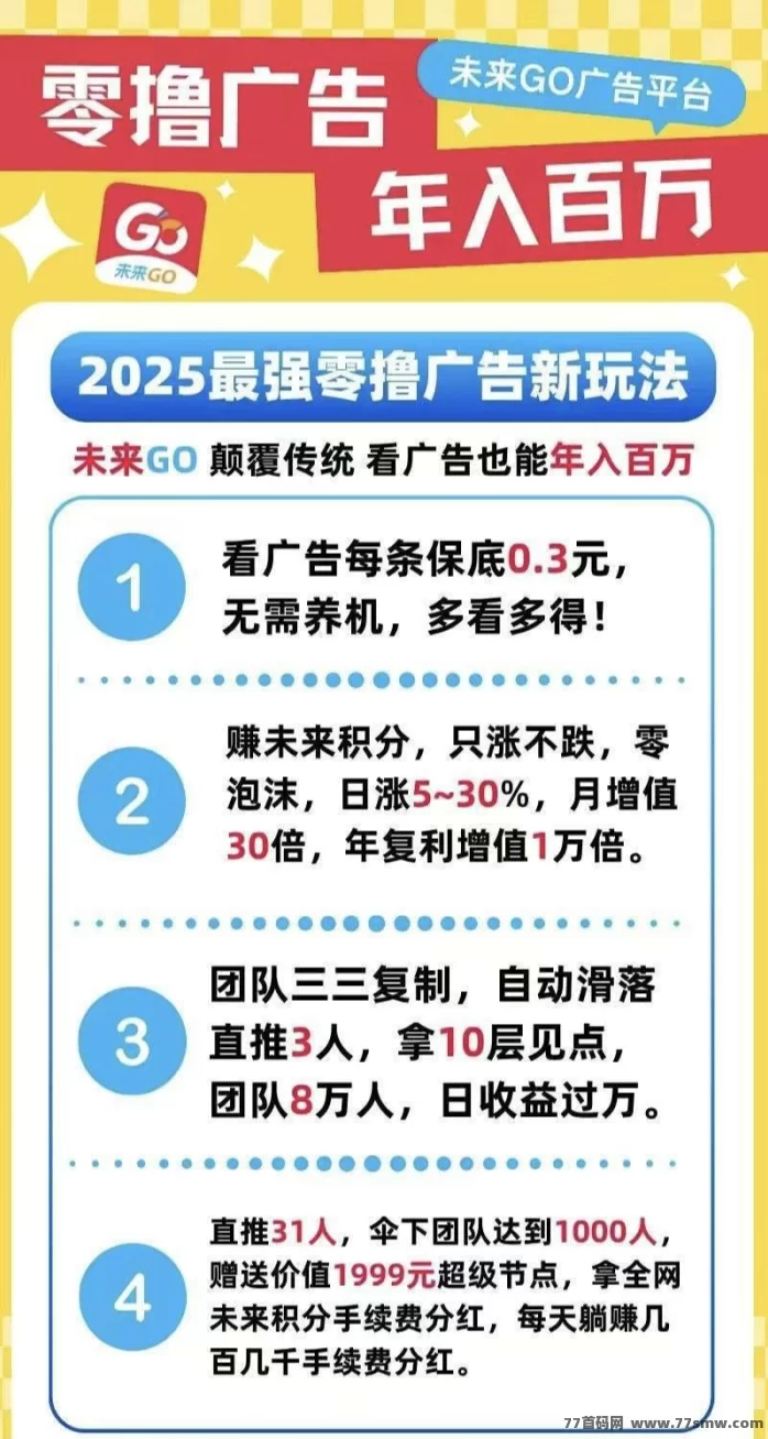 未来GO首码上线!零撸看广告轻松赚米,每天保底收溢+多层推广奖励详解!