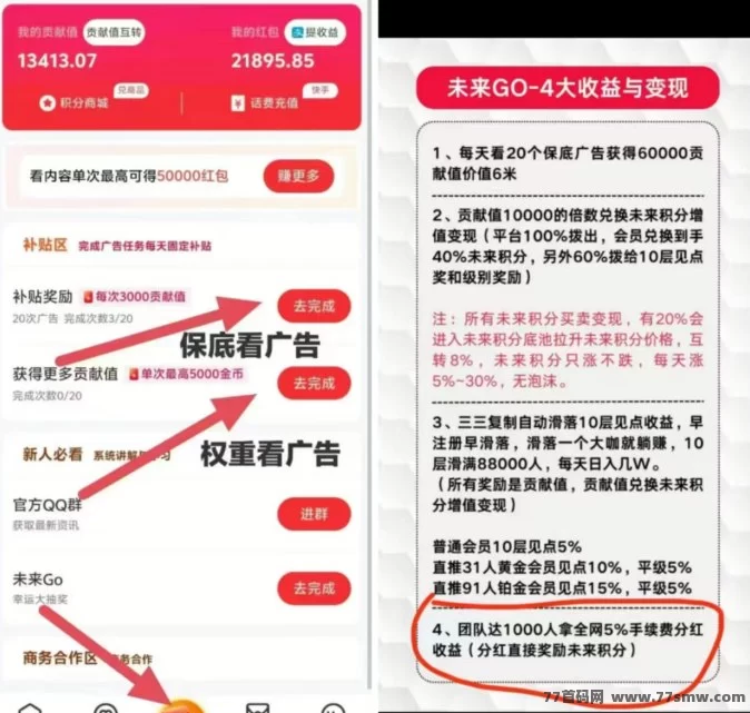 未来GO平台详解:看广告赚积分0撸起步,贡献值兑换未来积分,三三裂变助力月入过万的全新机会!