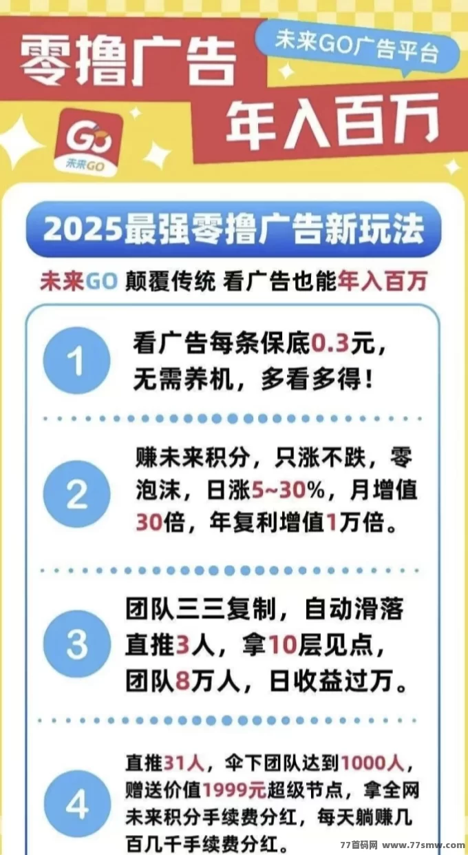 未来GO广告任务上线新模式!0门槛轻松做,每天看广告稳赚3圆起!