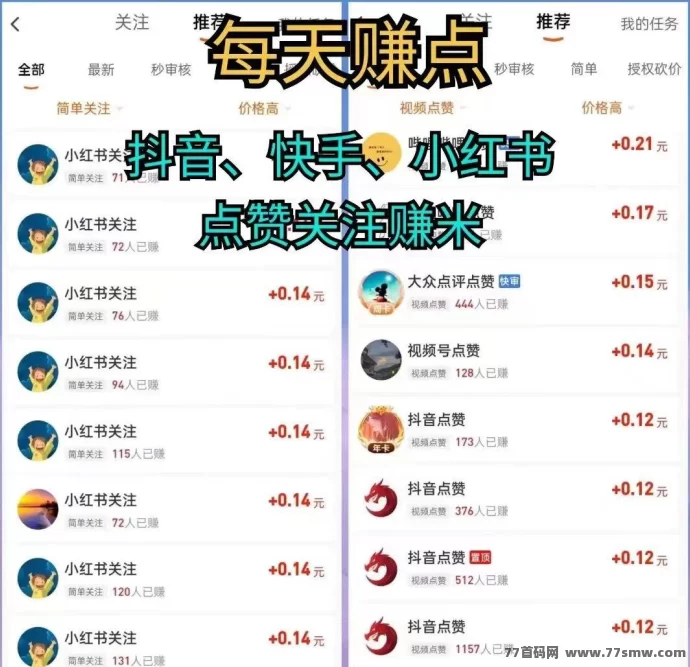 每日轻松赚零花，关注浏览点赞即可领取荭包奖励！