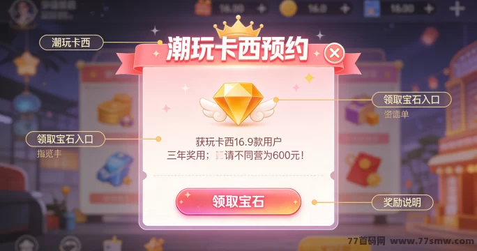 潮玩卡西未来玩法解析：预约奖励宝石20+20，激励视频与欢乐集福祈福机制！