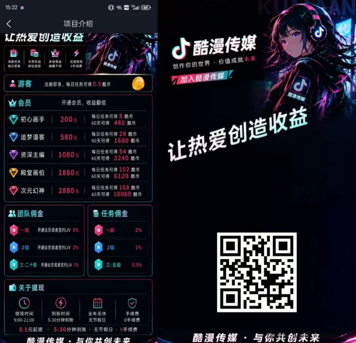 酷漫传媒零撸新项目！玩法简单，每天点下赚取零花团队收益高！