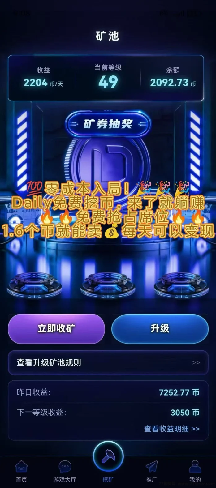Daily1%注册送7级，0撸月赚几百加