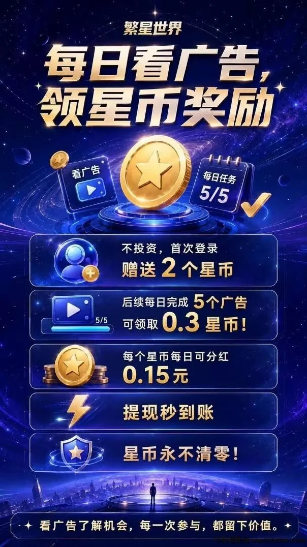繁星世界：登录送2个星积分，持b每天分虹0.15